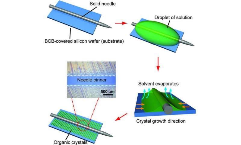 Large-scale field-effect transistors based on solution-grown organic single crystals are fabricated