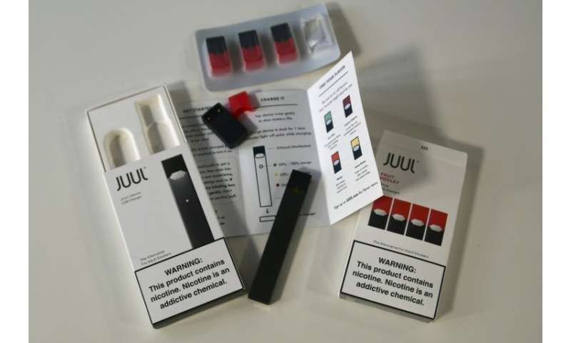 电子Juul香烟盒包括可充电装置和包含尼古丁的盒以及调味料