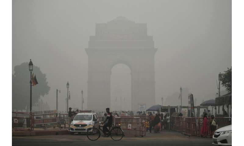 India Gate in New Delhi is pictured through a choking smog that has blanketed the capital