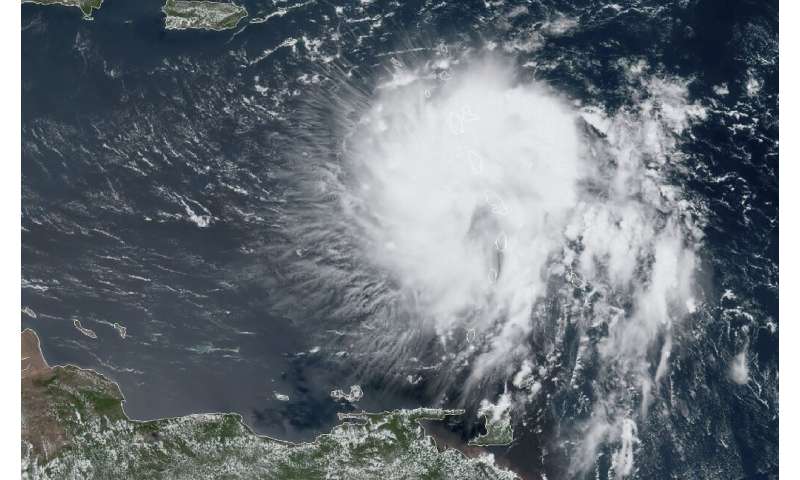 This satellite image obtained from NOAA/RAMMB, shows Tropical Storm Dorian as it approaches the Caribbean at 16:30 UTC on August