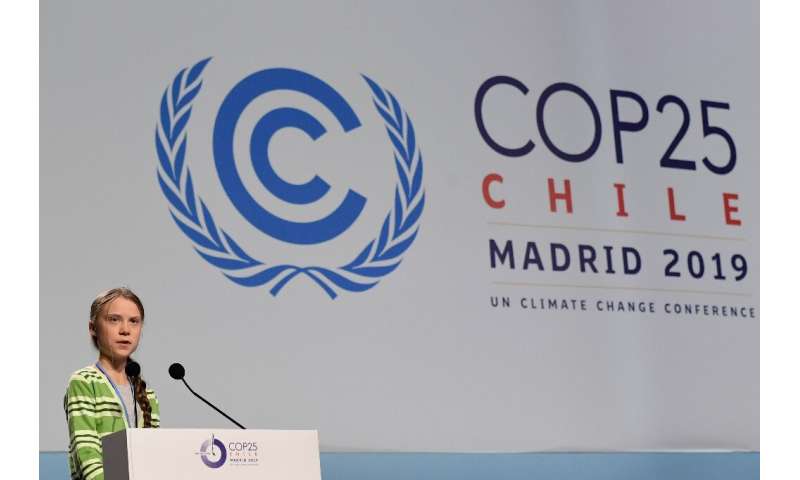 Swedish climate activist Greta Thunberg gives a speech during at the COP25 climate change conference in Madrid where some say th