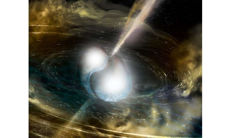 This illustration released by the US National Science Foundation shows two merging neutron stars that generated gravitational wa