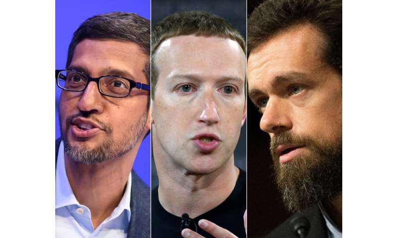CEOs Sundar Pichai of Alphabet/Google, Facebook's Mark Zuckerberg and Twitter's Jack Dorsey appeared by video at a Senate heari