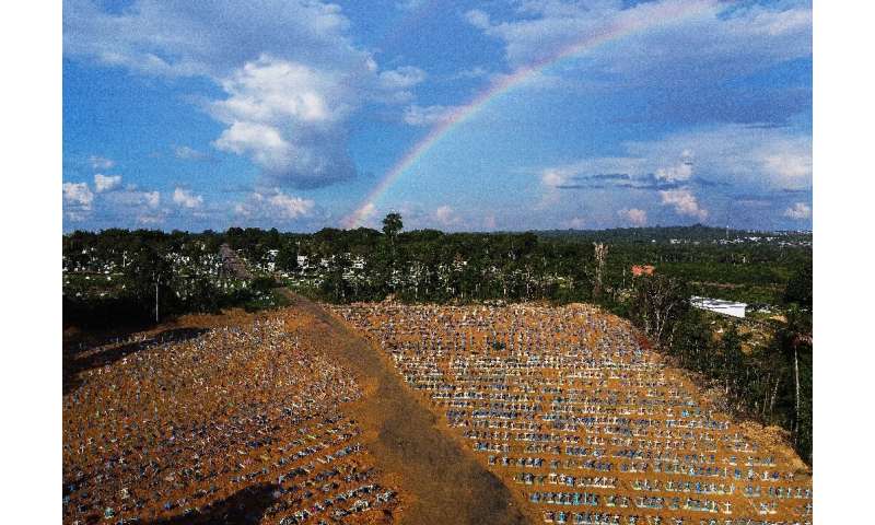 Aerial view of the burial site reserved for victims of the Covid pandemic with a rainbow in the sky at the Nossa Senhora Apareci