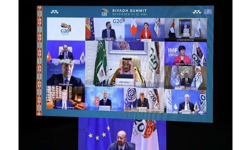 European Council President Charles Michel (down) and Saudi Arabia's King Salman bin Abdulaziz Al Saud are seen with other state 