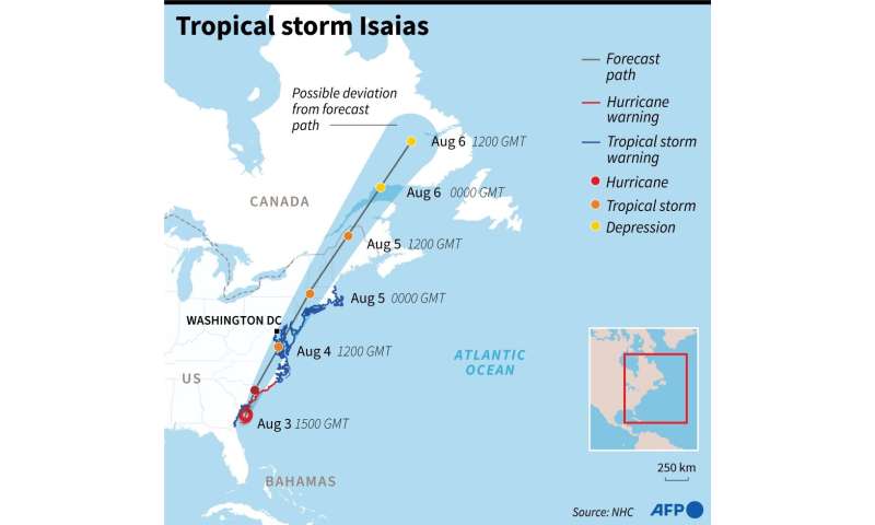 Forecast path of tropical storm Isaias