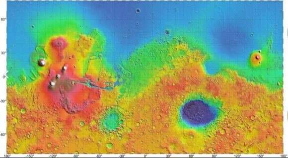 Images reveal where lava broke through the wall of a Martian crater and began filling it up