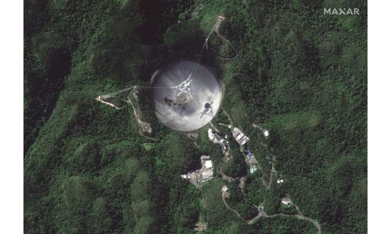 Enorme radiotelescópio de Porto Rico, já danificado, desaba