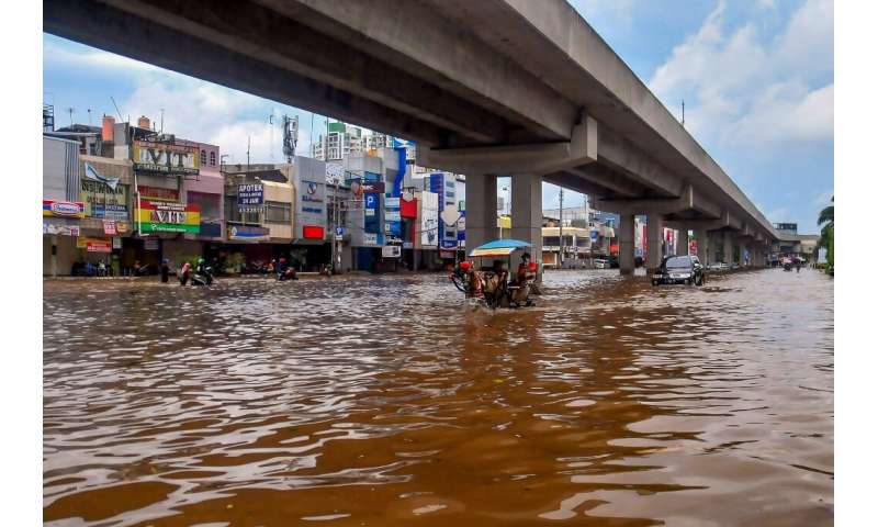 A horse pulls a carriage through a flooded road  in Jakarta