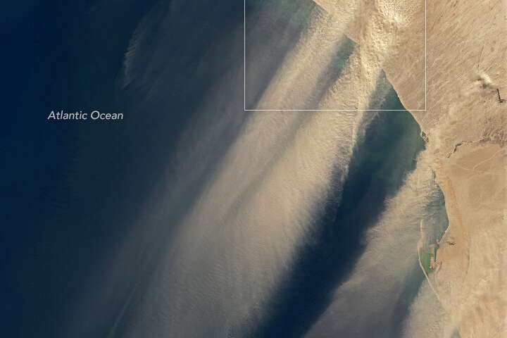 Dust seen streaming out of Namibia into the Atlantic Ocean