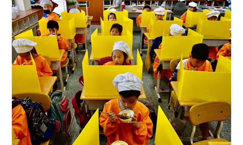 Students eat their lunch on desks with plastic partitions as a preventive measure to curb the spread of the coronavirus at Dajia