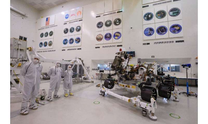 The Perseverance rover seen at NASA's Jet Propulsion Laboratory in  Pasadena, California in December 2019