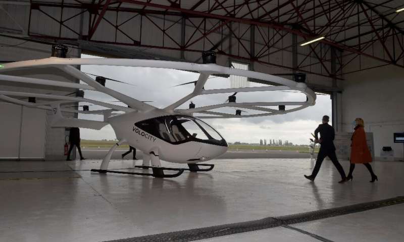 The unmanned Volocopter air taxi can carry two passengers with hand luggage