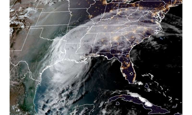This RAMMB/CIRA satellite image shows Hurricane Delta over the US Gulf Coast on October 9, 2020