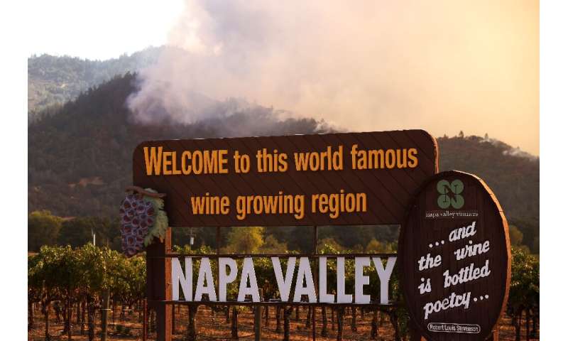 Wildfire rips through the world-famous Napa Valley, with smoke rising from the fast-moving Glass Fire on hills on September 27, 