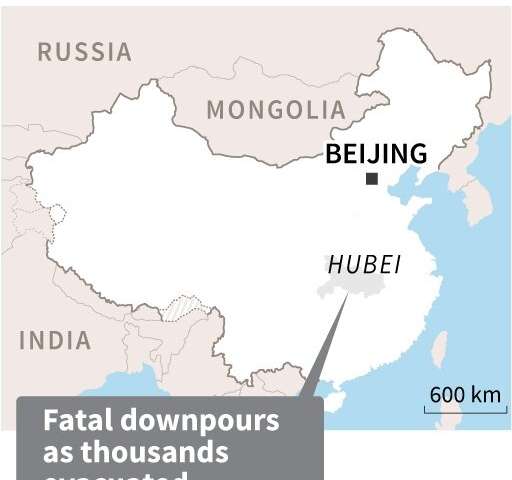 A map of China locating Hubei province, where deadly heavy rainfalls hit Friday