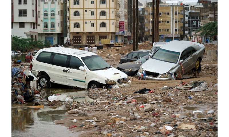 Flood damage in Yemen's Mukalla in the southern Hadramawt province after Cyclone Shaheen hit the region and neighbouring Oman in