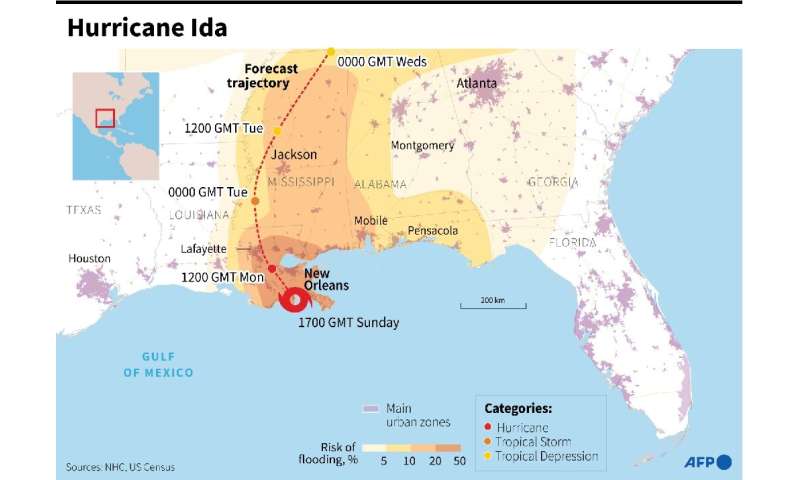 Map of the southern United States with the forecast trajectory of Hurricane Ida, which made landfall in Louisiana