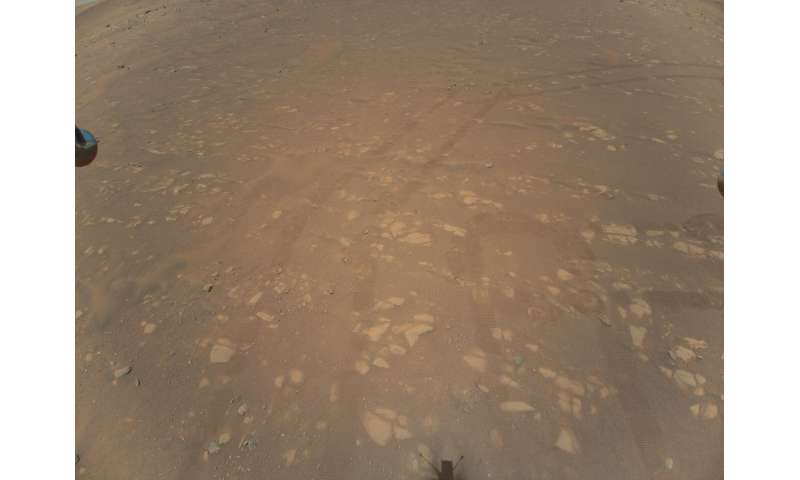 This NASA photo obtained April 25, 2021 shows the first color image of the Martian surface taken by an aerial vehicle while it w