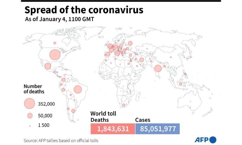 World map showing the number of Covid-19 deaths by country, as of Jan 4 at 1100 GMT