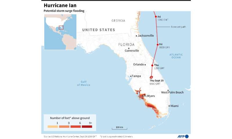 Map showing potential storm surge flooding in Florida and nearby states due to Hurricane Ian