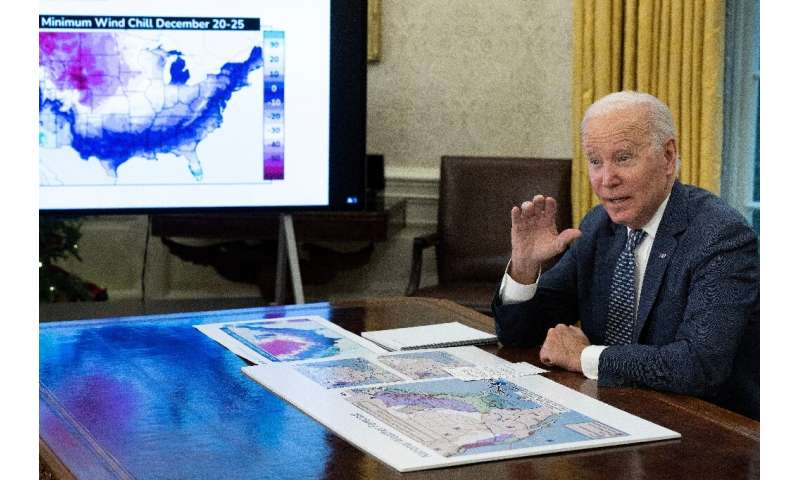 President Joe Biden speaks during a White House briefing on the winter storm system crossing the United States