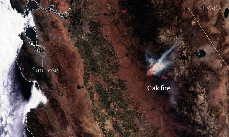 Satellite photo showing the Oak fire in California, in the United States