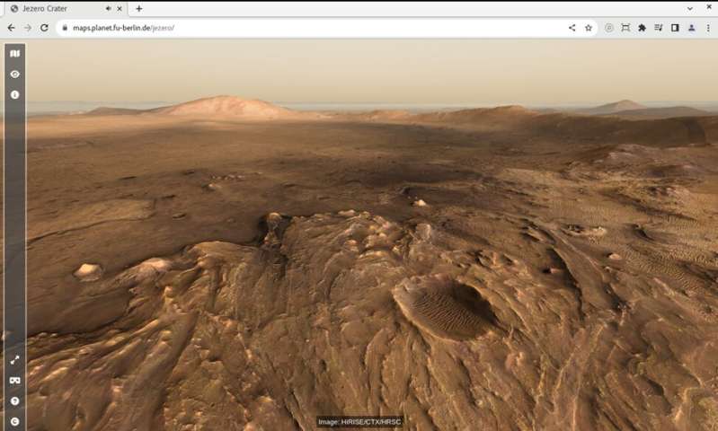 Virtual hiking map for Jezero crater, the Mars 2020 Perseverance rover landing site