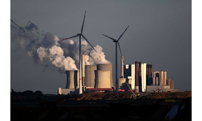 Wind turbines in front of a lignite-fired power plant near Niederaussem in western Germany