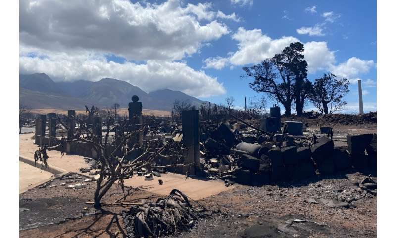 A destroyed house is pictured in the aftermath of a wildfire in Lahaina, western Maui