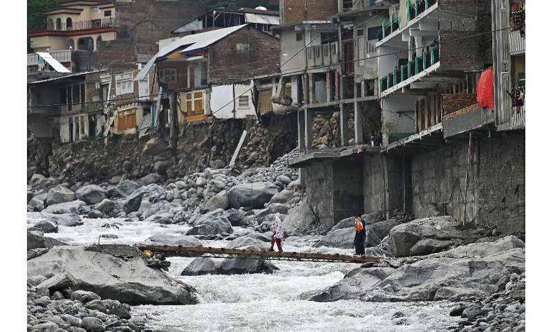 A Pakistan town damaged by flash floods of the river Swat  in Khyber Pakhtunkhwa province. Pakistan was lashed by unprecedented 