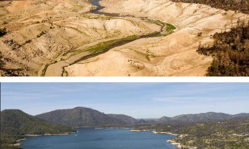 Lake Oroville seen in September 2021 and in April 2023