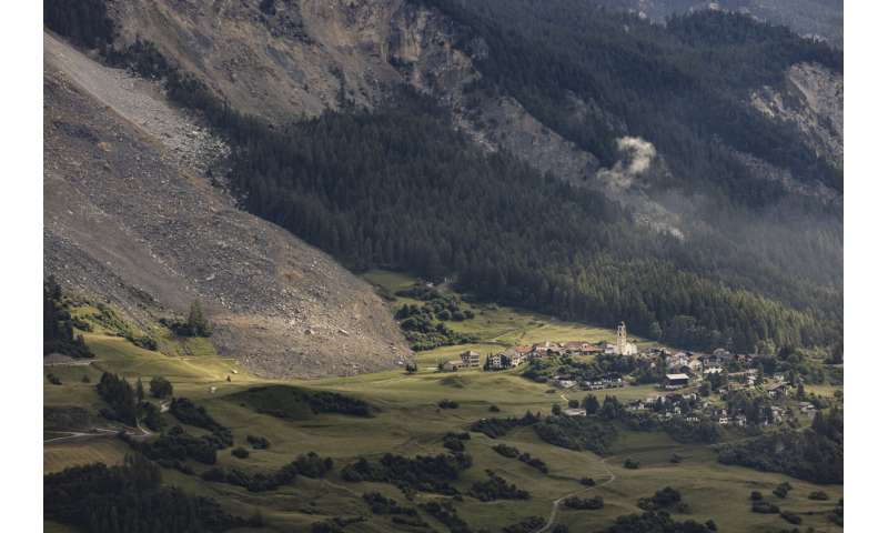 Mass of rock slides down mountainside above evacuated Swiss village, narrowly misses settlement