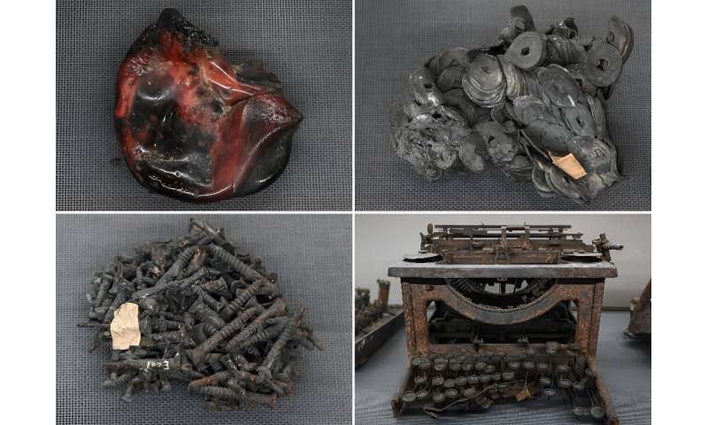 This combination of photos shows (clockwise from top L) glass, coins, a typewriter and screws which melted or were badly damaged