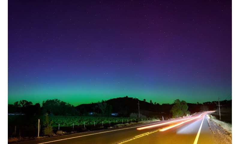 The Northern Lights, or Aurora Borealis, lit up  the night sky north of San Francisco after the most powerful solar storm in more than two decades