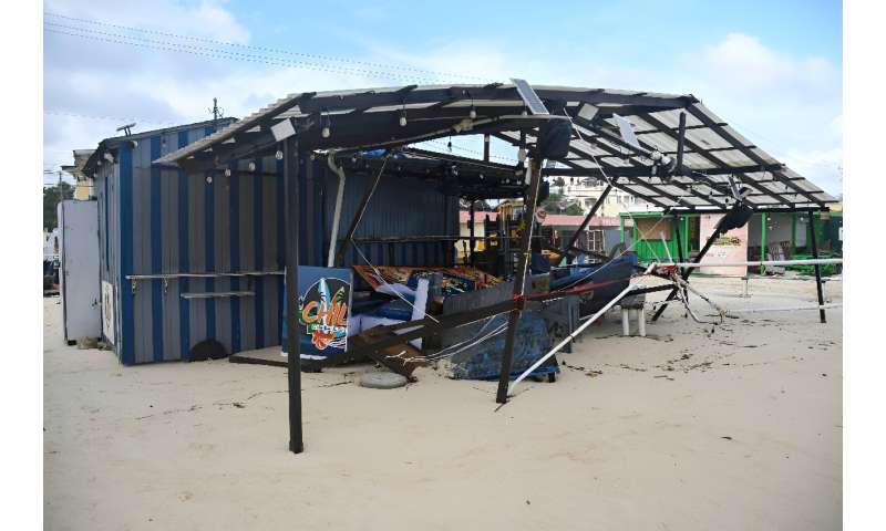 View of a damaged restaurant on the beach near the Richard Haynes Boardwalk after the passage of Hurricane Beryl in Hastings, Christ Church, Barbados