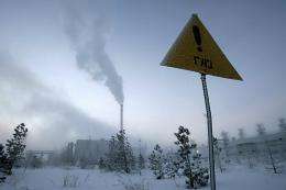 A sign reading: "Gas!" in -40 degree celcius weather in Novy Urengoi, just below the Arctic Circle