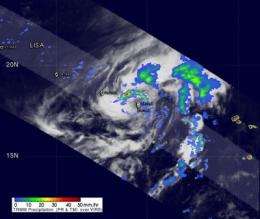 GOES-13's wide view of Atlantic's Tropical Storm Lisa and low, Pacific's Georgette