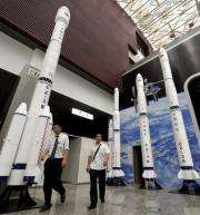 Models of the Long March rocket are seen at the Sichuan Science and Technology Museum in Chengdu