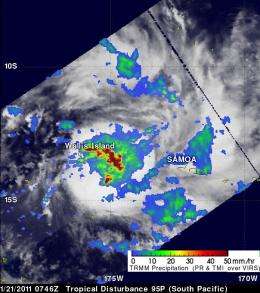 NASA TRMM satellite sees South Pacific's developing system 95P near Wallis island