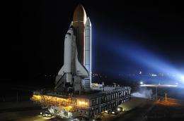 US space shuttle Discovery is moved to Kennedy Space Center's launch pad 39-A