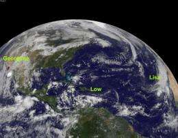GOES-13's wide view of Atlantic's Tropical Storm Lisa and low, Pacific's Georgette