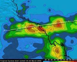 TRMM satellite rainfall map of Cyclone Ului's Queensland flooding