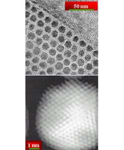 Atomic-resolution electron micrograph showing (in cross-section) three-dimensional self-assembly of nickel nanodots of uniform s