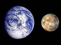 Composite image of Earth and Mars, from photographs taken by the Galileo orbiter and the Mars Global Surveyor. Image courtesy (N