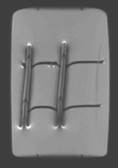 SE coronal image of 3 aluminum wires (1/32”). The two wires on the left are coated with Biophan nanomagnetic particle coating. T