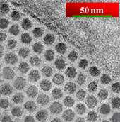 Transmission electron microscope image of nickel nanodots embedded in an aluminum oxide matrix.