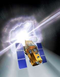 An artist's impression of the Swift spacecraft with a gamma-ray burst going off in the background. Credit: Spectrum Astro.