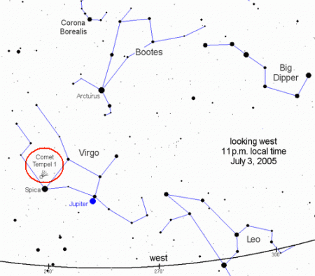  Look for Comet Tempel 1 near the bright star Spica on July 3rd and 4th