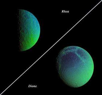 False-color views of Saturn's cratered, icy moons, Rhea and Dione. Image credit: NASA/JPL/Space Science Institute